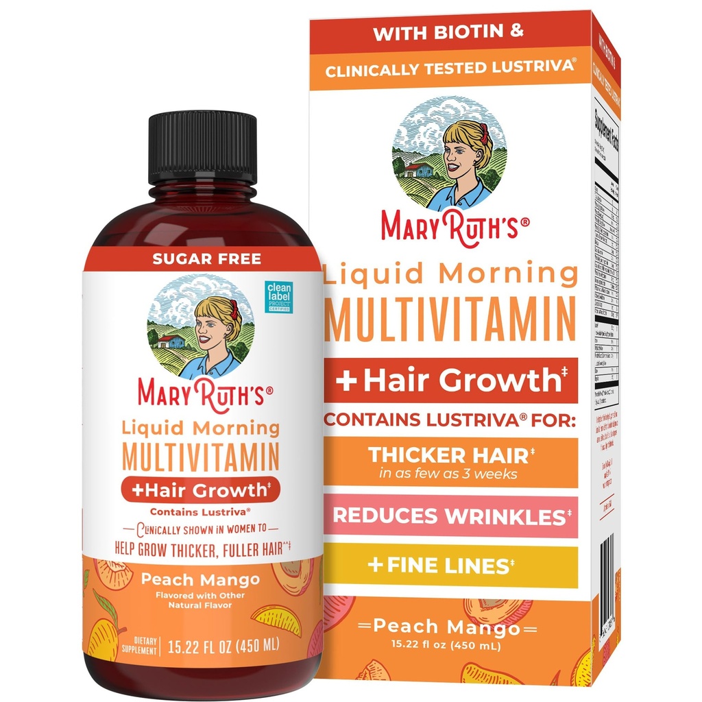 MaryRuth Organics Liquid Multivitamin+Hair Growth | Biotin 10000mcg | Lustriva Haarwachstumsergänzung | Klinisch Getestet in Frauen für dünne Haar- und Gesichtsfalte | Hautpflege | Alter 18+ | 15.22 Fl Oz