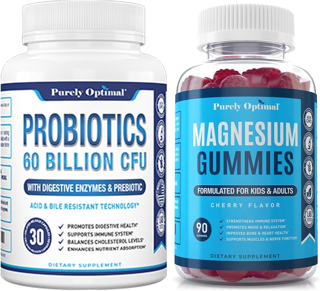 Pure Optimale Premium Probiotics 60 Billion CFU mit Bio-Präbiotika & Verdauungsenzyme + Premium-Magnesium-Gummien Kinder & Erwachsene