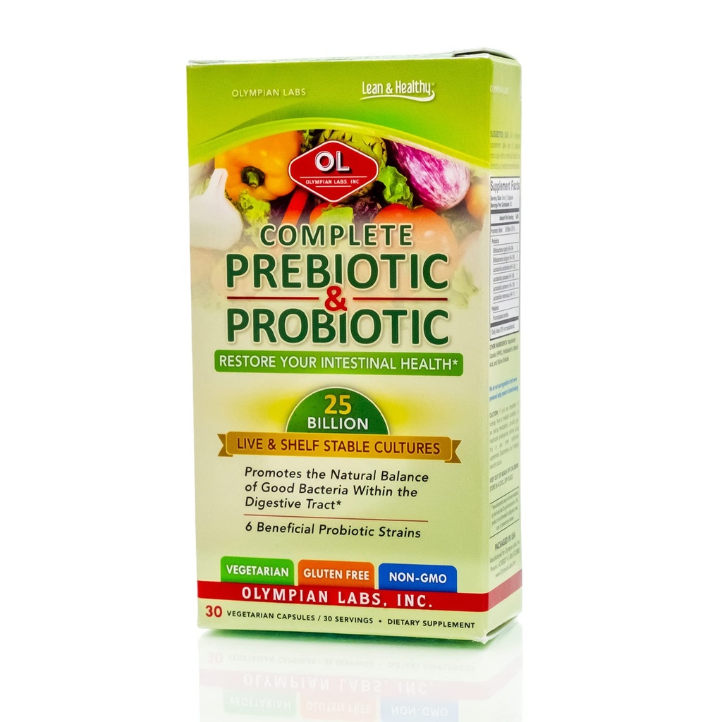 Olympian Labs Complete Prebiotic and Probiotic Supplement - 25 Billion Live Shelf Stable Cultures - 30 Vegetarische Kapseln, hilft die natürliche Balance innerhalb des Verdauungstraktes wiederherzustellen.