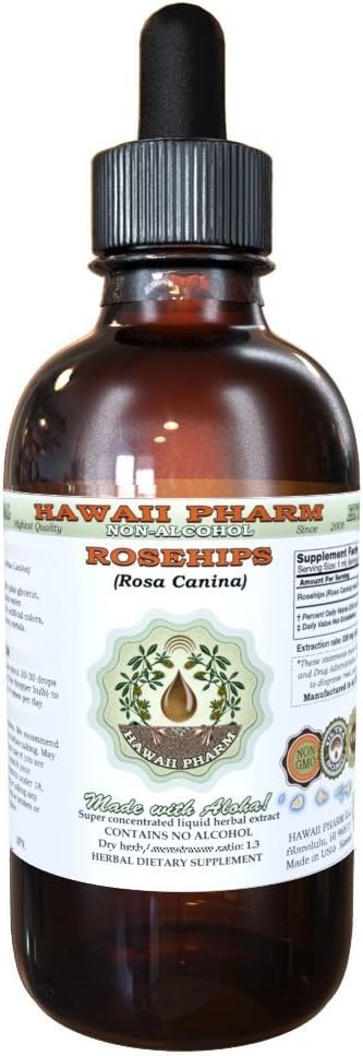 Hawaii Pharm Rose Alcohol-Free Liquid Extract, Organic Rosehips (Rosa Canina) Glycerite Natural Herbal Supplement, USA 2 fl.oz