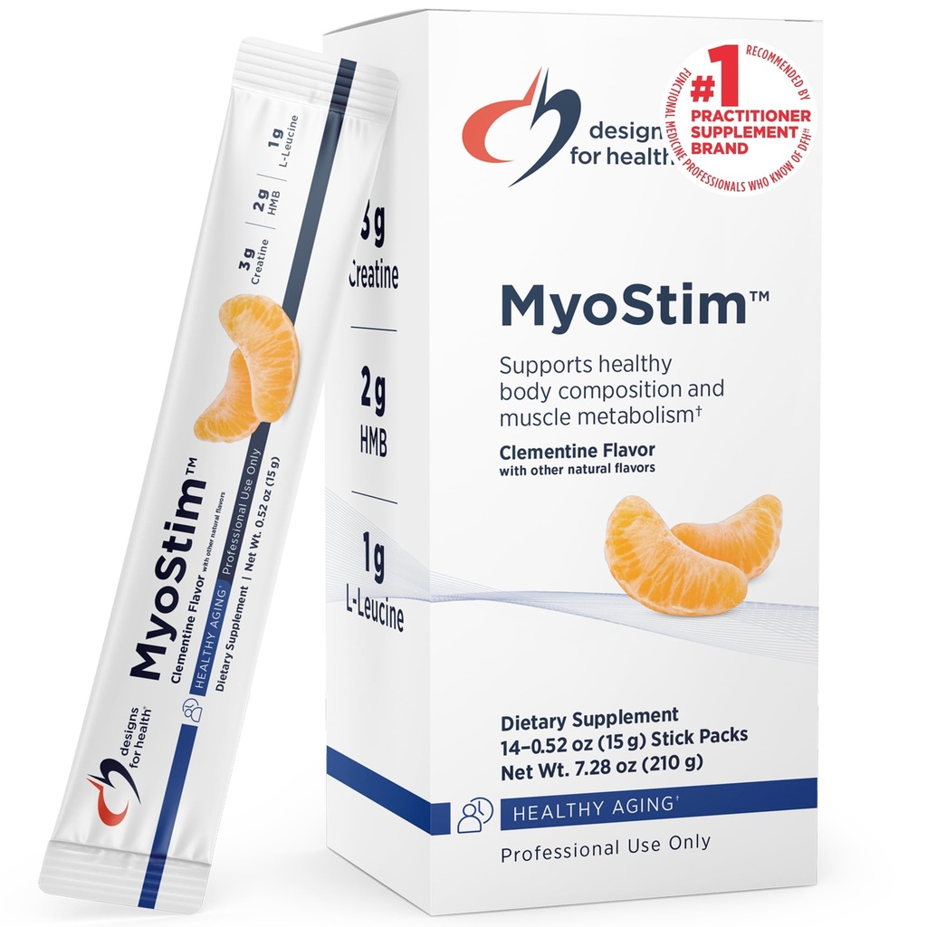 Designs für die Gesundheit MyoStim - HMB + Kollagen-Peptide Pulver mit L-Leucin + Kreatin zur Unterstützung des gesunden Alterns - kann helfen, altersbedingten Muskelverlust zu mildern - Clementin-Geschmacksgetränk (14 Stickpackungen)