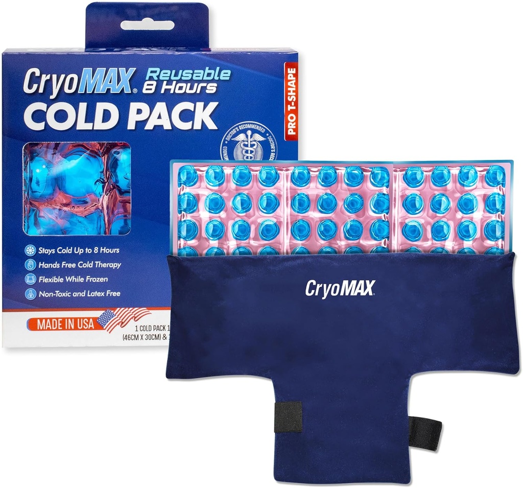 CryoMAX Reusable Cold Pack - 8-Hour Long-Lasting Cold Therapy Ice Pack, Verstellbare Verschleißkompressbänder, Best for Pain Relief, Verletzungen, Hip Surgery Swelling und Migraines - T-Shape (1 Count)