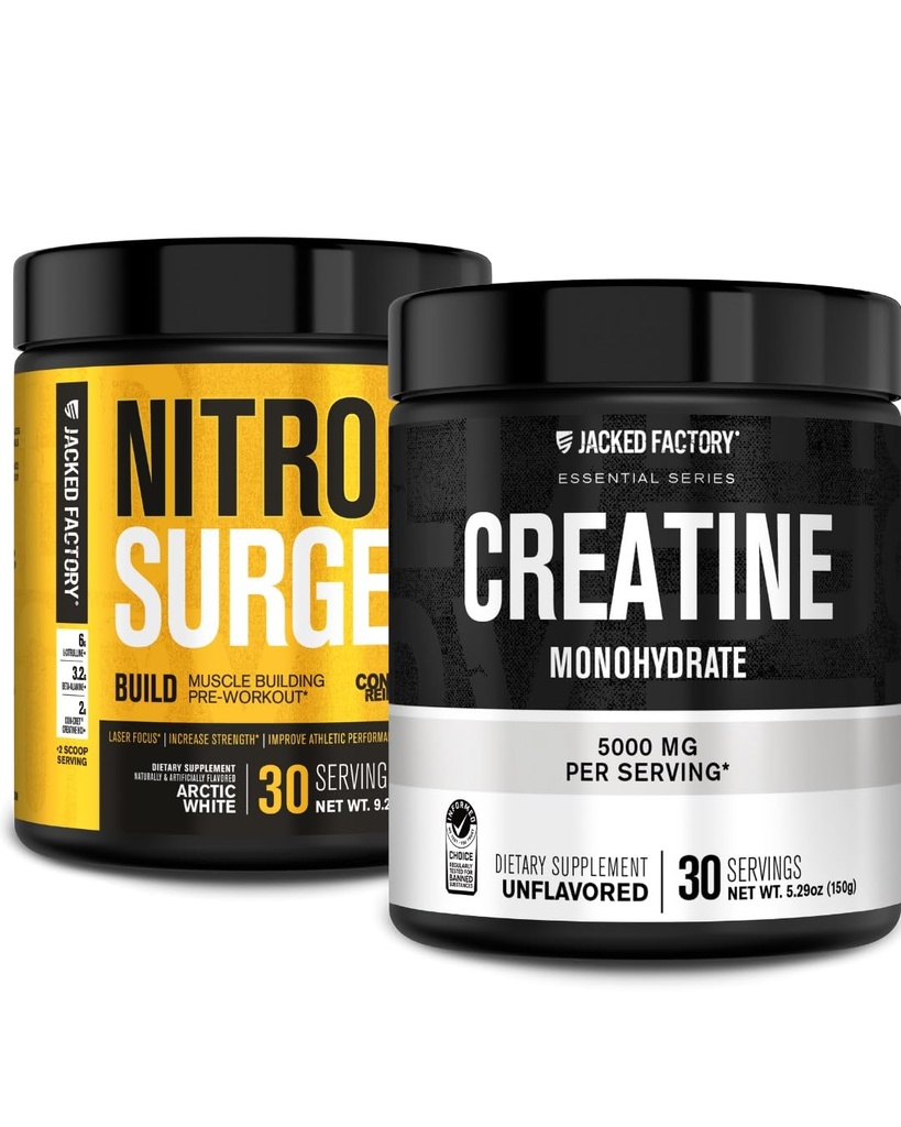 Jacked Factory Nitrosurge Build Pre Workout mit Kreatin für Muskelaufbau (30 Servierungen, Arctic White) & Kreatin Monohydratpulver für Muskelwachstum & Erhöhte Stärke (30 Servierungen, Unflavored)