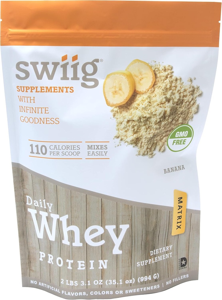 swiig Premium Daily Whey Protein Matrix Banana 2.2 lb – 20g Protein Gluten-Free Non-GMO Keine Füllstoffe keine künstlichen Aromen mit Aminosäuren für Muskelrückgewinnung Alle natürlichen Formel