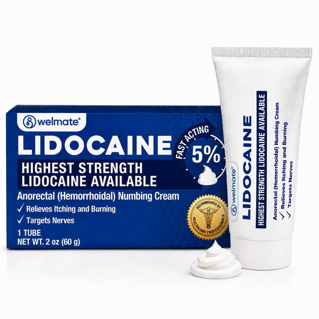 WELMATE - 5% Lidocaine Numbing Cream, 2oz (60g) - Maximale Stärke Lidocaine Cream - Hämorrhoid Relief - Externer Gebrauch Anästhesie, Vitamin E - Kinderbeständig - topische Hautpflege