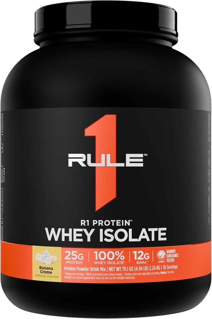 Regel 1 R1 Protein Whey Isolate - mit 25g Protein & 6g BCAA Exklusiv von isolierten & hydrolysierten Quellen für Workout Recovery (5 Pfund*, Banana Crème)