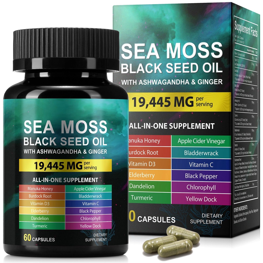 Sea Moss Black Seed Oil Ashwagandha Ginger, Sea Moss Kapsel Supplement mit Turmeric Burdock Root Bladderwrack Vitamin C Vitamin D3 Enhanced Immunität & Energy Black Seed Oil Capsule 60 Count