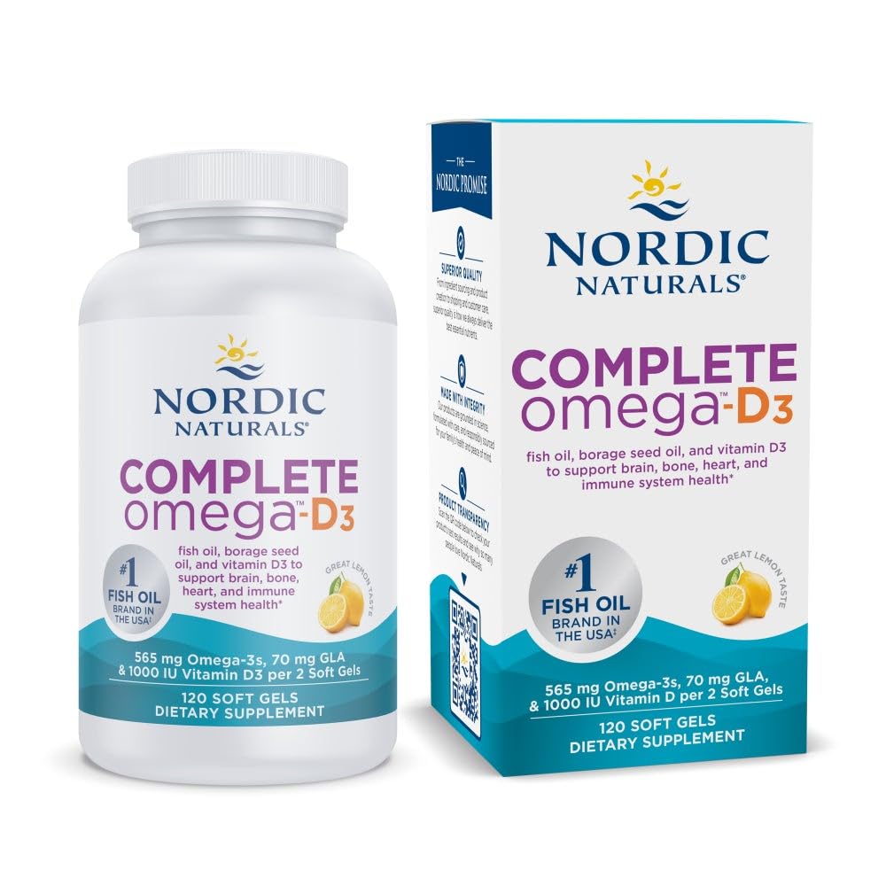 Nordic Naturals Complete Omega-D3, Lemon Flavor - 120 Soft Gels - 565 mg Omega-3 + 70 mg GLA + 1000 IU Vitamin D3 - EPA & DHA - Gesunde Haut, Kognition, Positive Stimmung - Non-GMO - 60 Servierungen