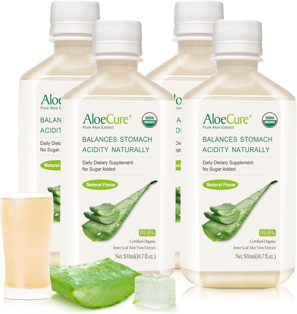 AloeCure USDA Organic Aloe Vera Juice Made innerhalb 12 Hrs of Harvest - Pure Aloe Juice Natürliche Verdauungsergänzung zur Unterstützung Verdauung, Immunsystem und Balanced Stomach Acidity, 4 x 500ml Flaschen