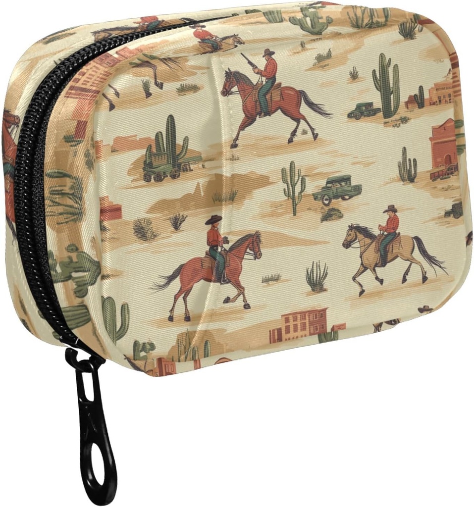 Fustylead Cowboy Reitpferd und Desert Cactus Pill Organizer für Geldbörse, Wöchentliche tragbare Pille Box mit Reißverschluss zu Lagerung Vitamine Fischöle Medikamente Ergänzungen
