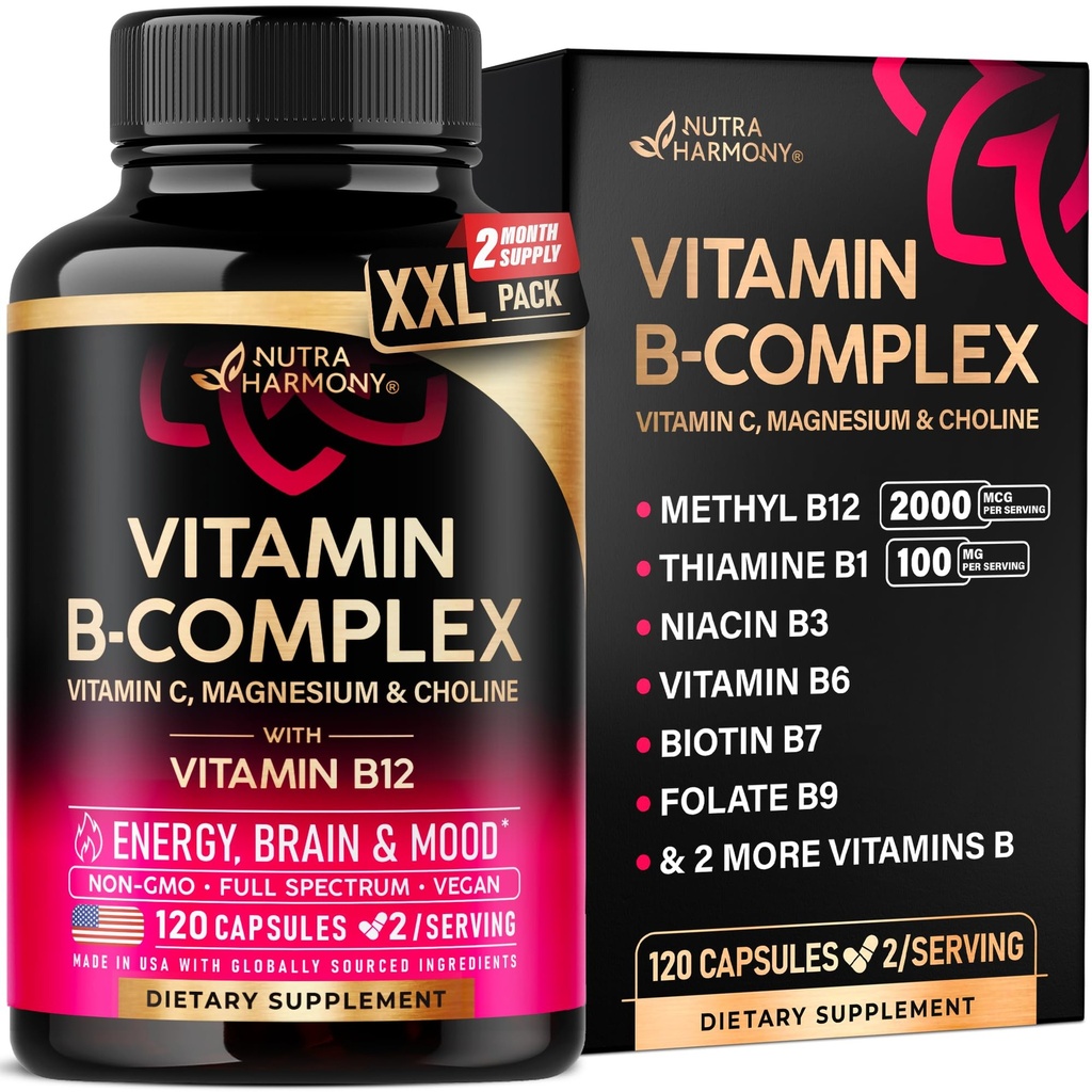 Vitamin B-Komplex für Männer und Frauen - Made in USA - B-Komplex: B1, B2, B3, B5, B6, B7, B8, B9, B12 mit Vitamin C, Choline, Inositol - Energie, Brain & Heart Support Supplement, 120 Vegan Kapseln