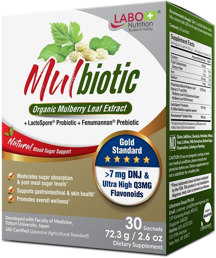 LABO Nutrition Mulbiotic, Organic Mulberry Blatt Extract + LactoSpore Probiotic & Fenumannan Prebiotic, für Carb Cravings Support, Vegetarisch, Non-GMO