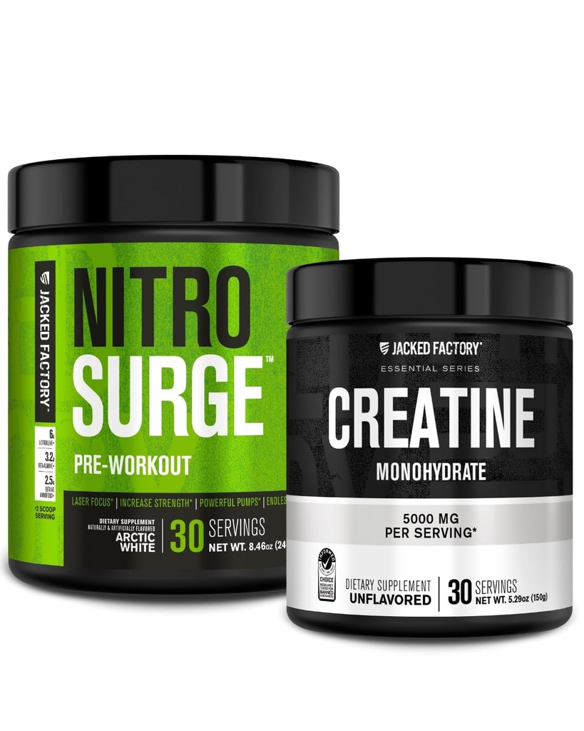 Jacked Factory NITROSURGE Pre Workout Supplement (Arctic White) Kreatin Monohydrat-Pulver 150g (unentflammt) für Muskelwachstum, erhöhte Stärke, Enhanced Energy