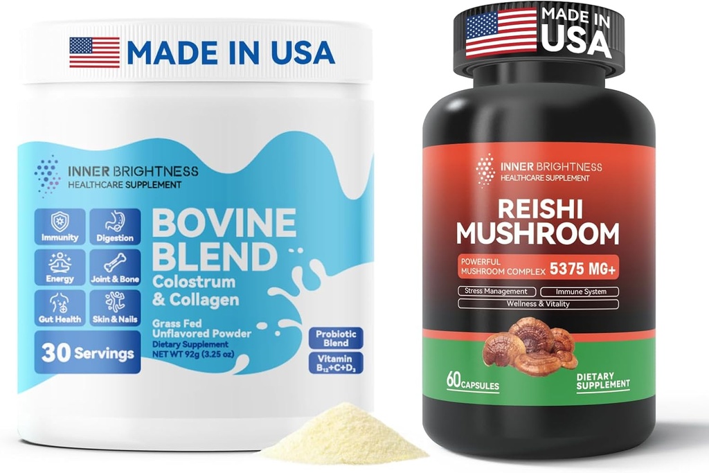 Bovine Colostrum & Collagen Pulver für Gut Gesundheit, Immununterstützung, Haarwachstum & Beauty-Ergänzung + Reishi Pilz-Ergänzung mit Cordyceps