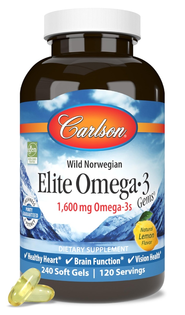 Carlson Elite Omega-3 Gems, 1600 mg Omega-3 mit EPA & DHA, Lemon Flavor, 240 Softgels – Wild-Caught Norwegian Fish Oil, Sustainable Sourced