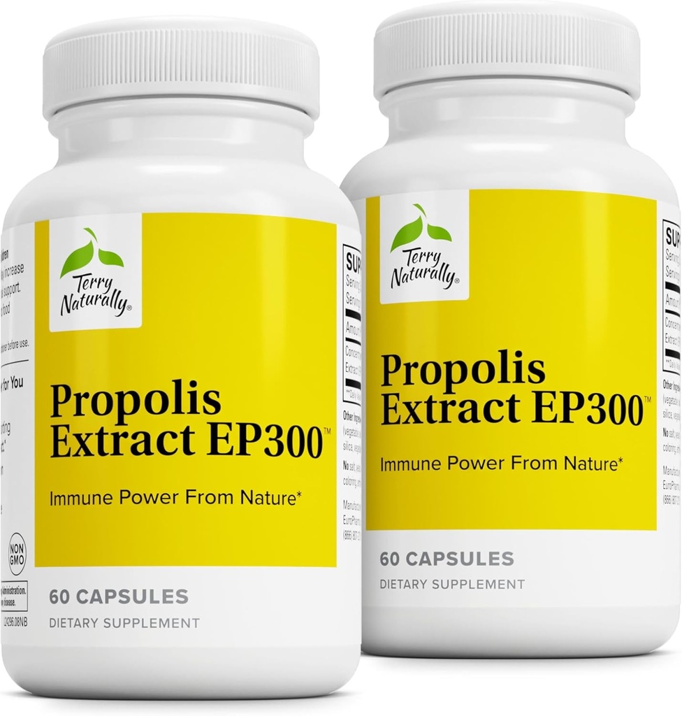 Terry Naturally Propolis Extract EP300 - Upper Respiratory & Immune System Support Supplement - Child & Adult Supplement mit Bienen Propolis Extract - 60 Kapseln, 2 Packung