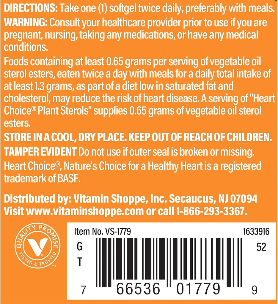 Das Vitamin Shoppe Heart Choice® Pflanze Sterols, unterstützt Herz-Kreislauf- & Cholesterin-Gesundheit, 1 Servier-Lieferungen.65 Gramm pflanzliche Öl Sterol Ester (60 Softgels)