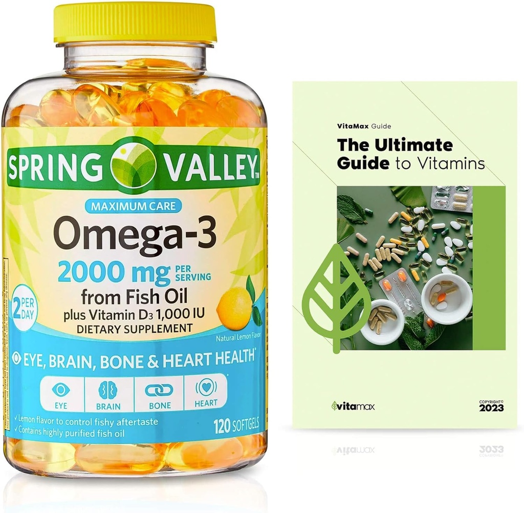 Spring Valley Omega-3 von Fish Oil 2000 mg, Maximum Care, 120 Count + Exclusive VitaMax Vitamin Guide (2 Artikel)