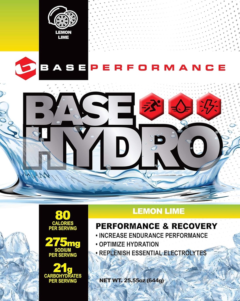 BASE Performance Hydro - Lemon Lime | 28 dient innerhalb jeder umweltfreundlichen Mylar Tasche | Mischung aus Dextrose, Fructose, Maltodextrin und essentiellen Elektrolyten.