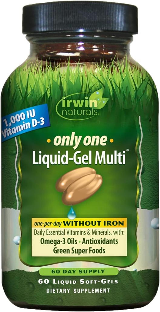 Irwin Naturals Only One Liquid-Gel Multi - 60 Liquid Softgels - No Iron Daily Essential Vitamins, Minerals, Antioxidantien, Omega-3 & Green Super Foods