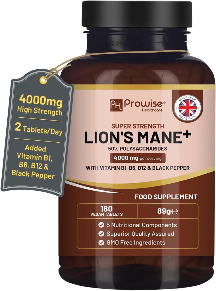 Lions Mane Mushroom Supplement 4000mg mit Vitamin B1, B6, B12 & Black Pepper - 180 Super Strength Vegan Tabletten mit 50% Polysacchariden (nicht Pulver oder Kapseln) | Made in UK by Prowise