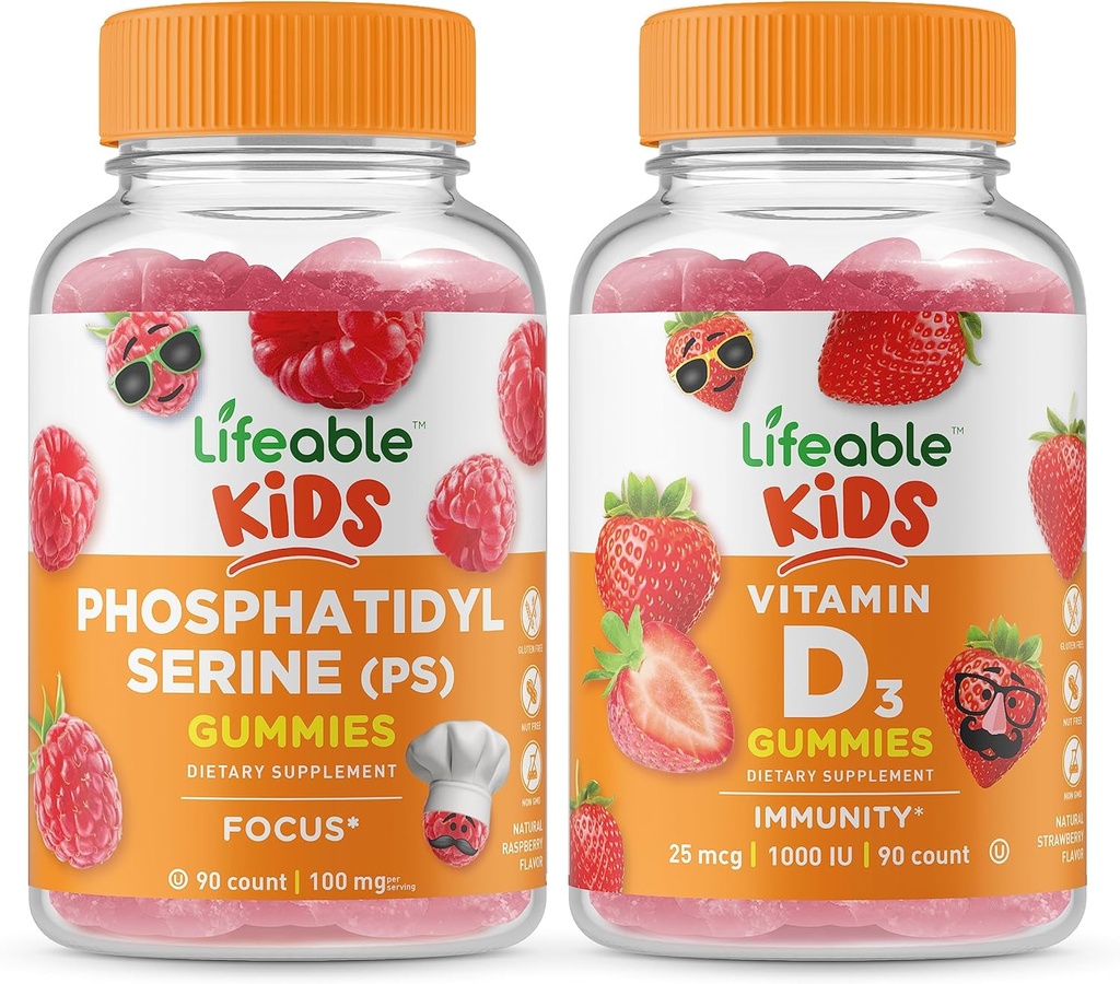 Lebensfähiges Phosphatidylserin (PS) Kinder + Vitamin D Kinder, Gummis Bundle - Große Verkostung, Vitaminergänzung, Glutenfrei, GMO frei, Kaugummi
