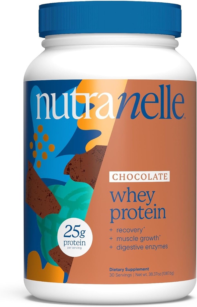 Nutranelle - Chocolate Whey Protein Powder – 25 g Whey Isolate & Konzentrat pro Servieren mit Verdauungsenzymen für Muskelwachstum & - Zero Added Sugar Protein Shake Powder