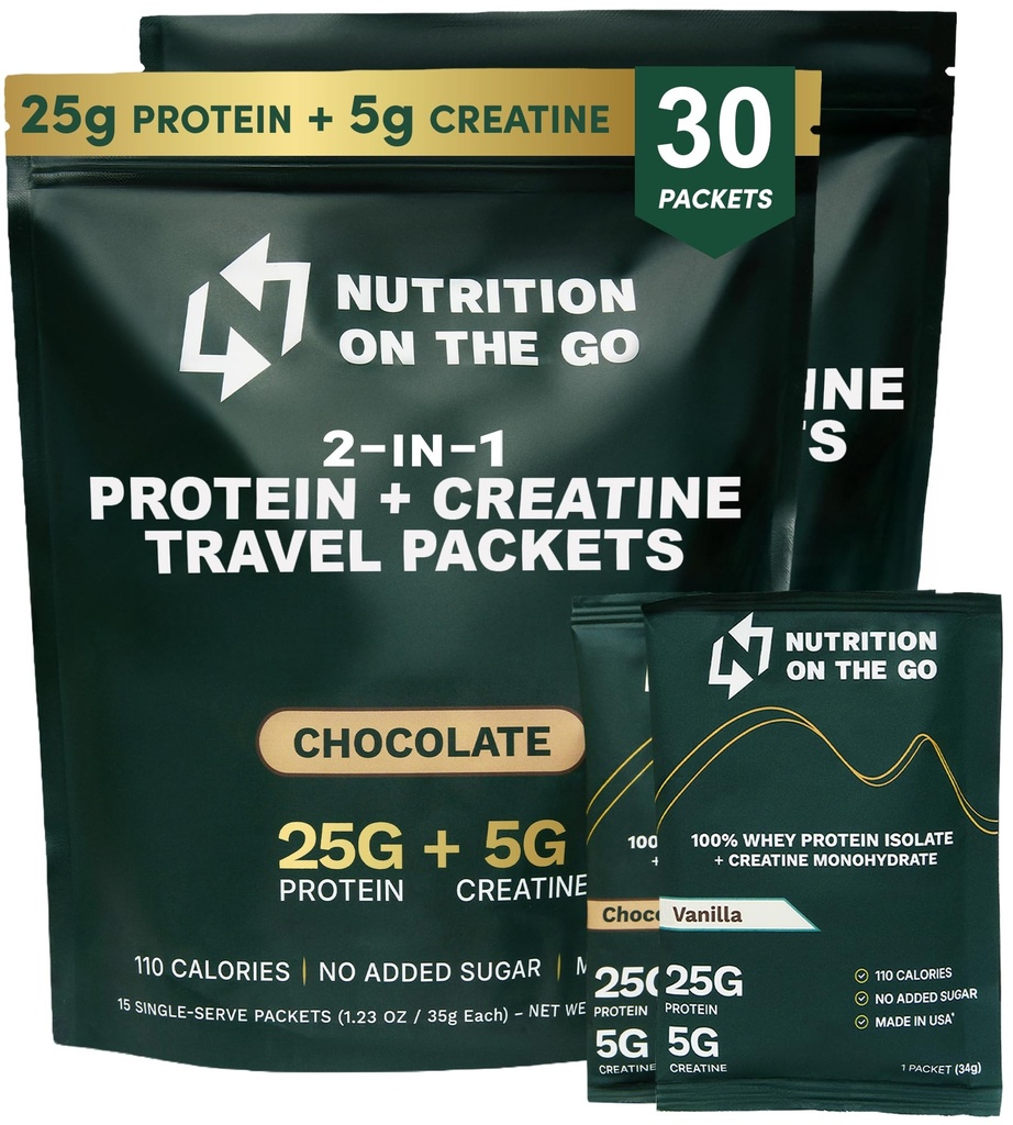 Ernährung auf den Go Whey Protein Isolate Packets mit Creatine – 25g Protein + 5g Creatine – Single-Serve Travel Protein - Variety Pack (Vanilla & Chocolate) (30-Pack)