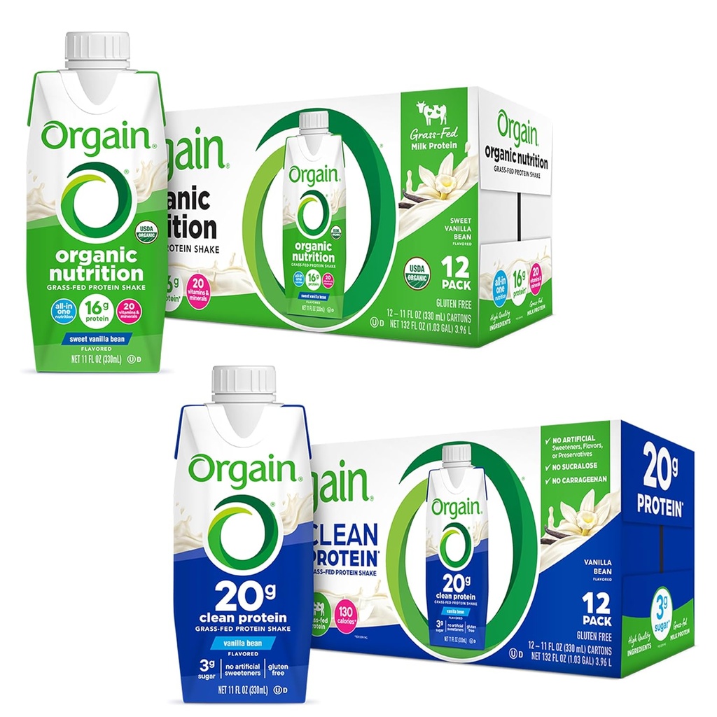 Orgain Protein Shakes Bundle - Gras Fed Whey and Milk Protein, Vanille Flavored (12 Pack)