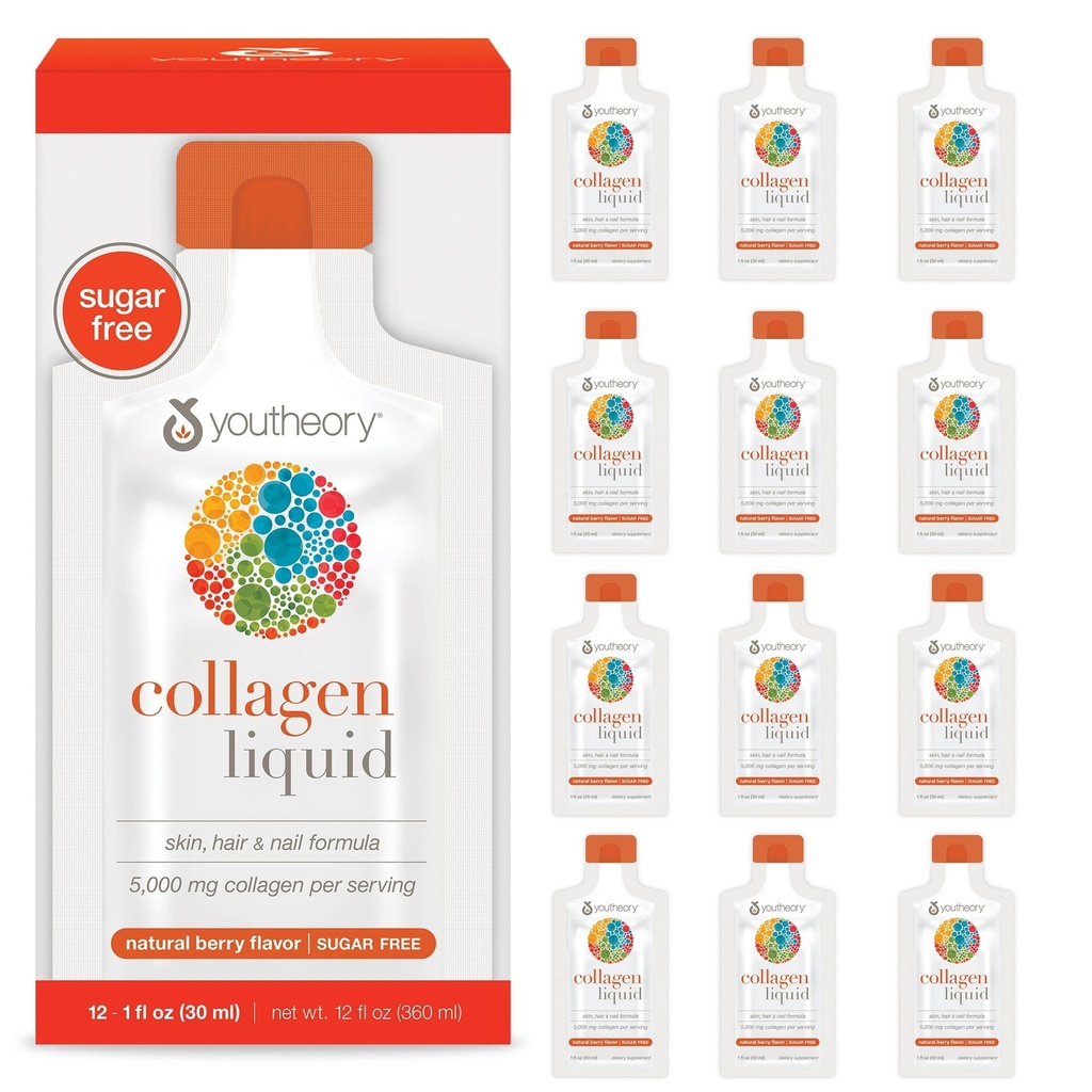 Youtheory Collagen Liquid - 5.000 mg - für Haarwachstum, Haut und Nägel* - Unterstützt Gelenk-, Knochen- & Muskel-Gesundheit* - mit Aminosäuren - Berry Flavor - 12 Single Serving Packets (12-Day Supply)