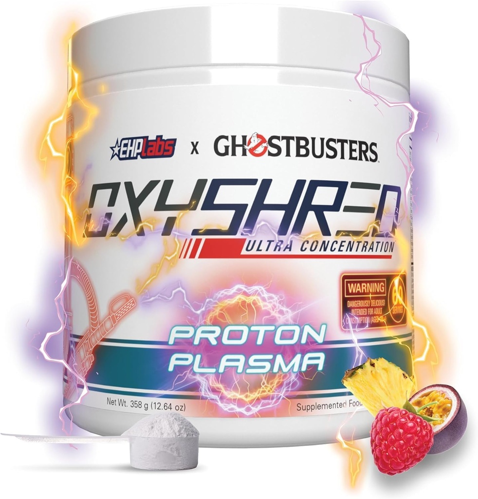 EHP Labs x Ghostbusters OxyShred Pre Workout Powder & Shredding Supplement - Preworkout Powder mit Acetyl L Carnitin, Energy Boost Drink - Proton Plasma, 60 Portionen