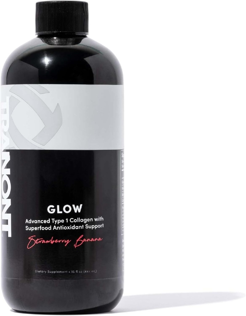 Tranont Glow | Strawberry Banana | Typ 1 Kollagen mit Superfood Antioxidant-Unterstützung | für Haar, Haut, Nägel & Gelenke | Flüssiges Kollagen mit Hyaluronsäure & Peptide | 15 Fl Oz