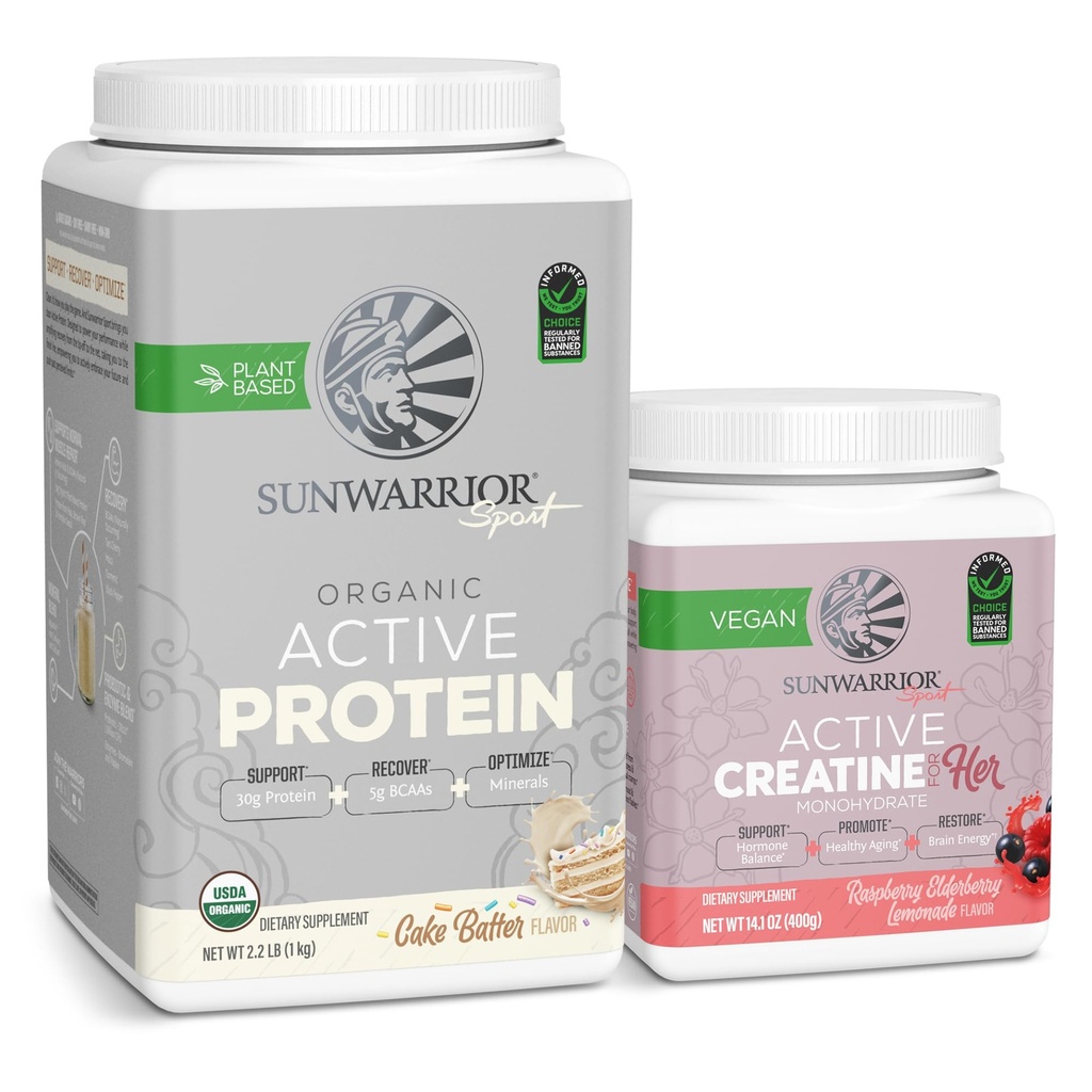 Sunwarrior Vegan Protein Pulver USDA Organisch | 20 Servierungen, Kuchen Batter Flavored & Creatin Monohydrat Pulver für Ihre | Micronized 50 Servierungen, Himbeere Limonade Flavored