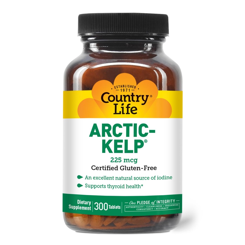 Country Life Arctic-Kelp – Natural Iodine Supplement für Schilddrüsen- und Immununterstützung – Vegan, Glutenfrei, 225 mcg – Ideal für Schilddrüsengesundheit, Hypothyreose und Adrenal Support, 300 Tabletten