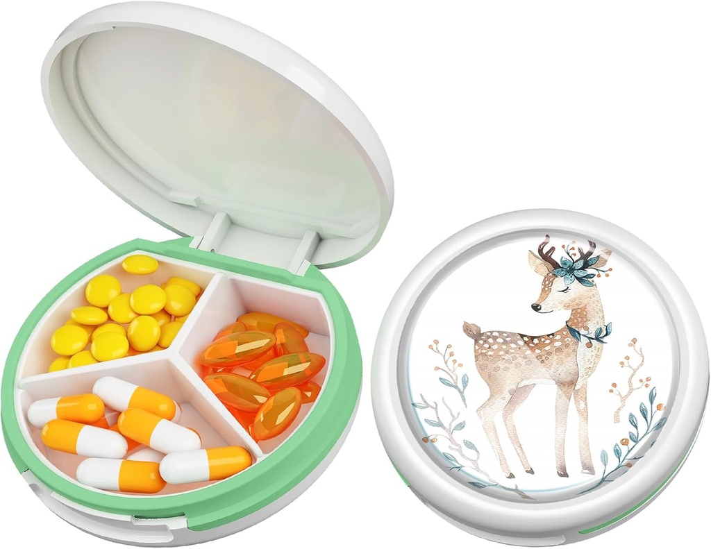 Serfeymi Small Pill Box - 3 Komponenten Tragbare Pille Box für Geldbörse Tasche, Compact Mini Travel Pill Case - Geeignet für Medizin, Vitamin, Fish Oil, Supplements - Weiß(Deer)
