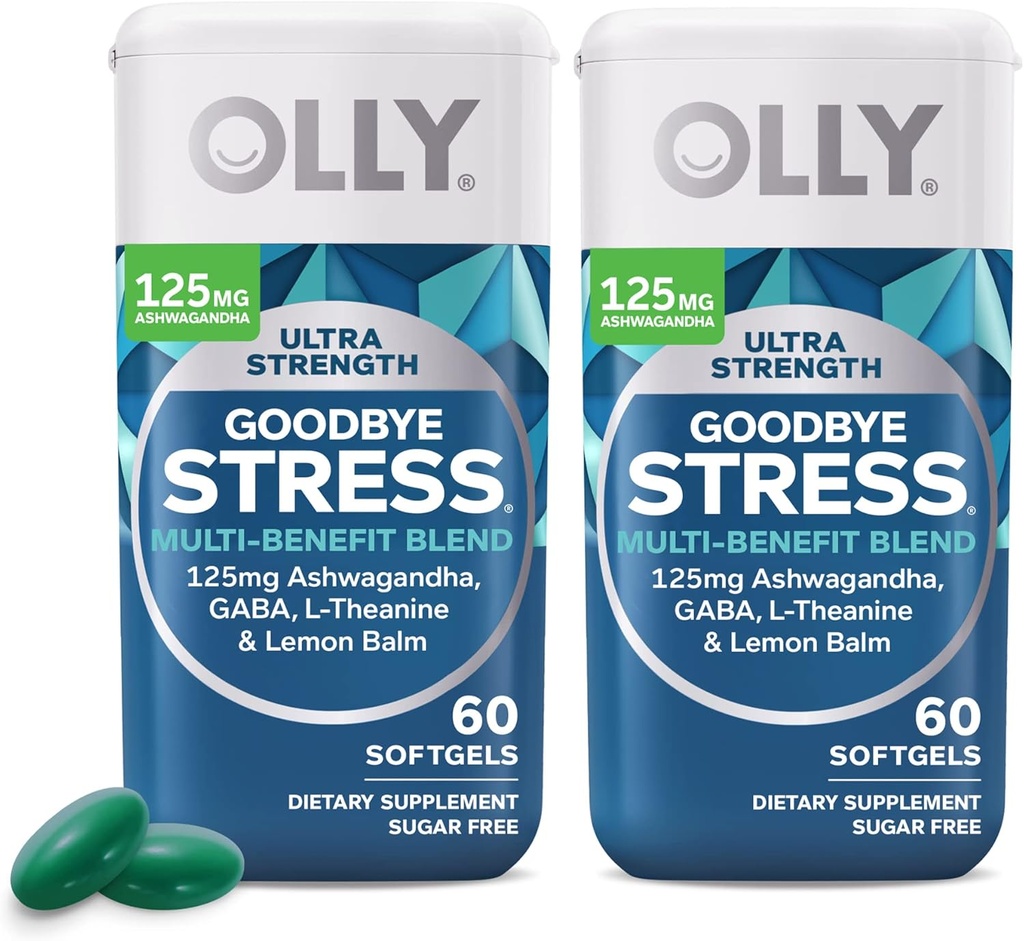 OLLY Ultra Strength Goodbye Stress Softgels Twin Pack, GABA, Ashwagandha, L-Theanin und Zitronenbalsam, Stress Relief Supplement - 120 Count