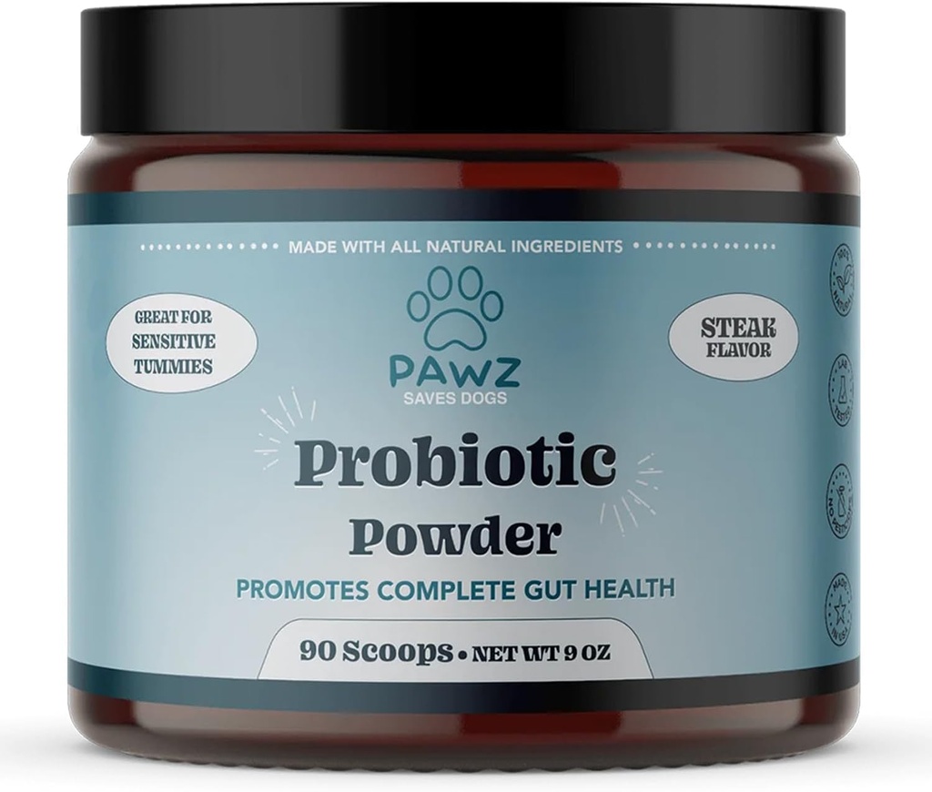 PAWZ Probiotisches Pulver für Hunde - 90 Scoops Steak Flavor - Fördert Gut Gesundheit und Verdauung - Probiotics Supplement Unterstützung Immunsystem & Haut und Fleisch Gesundheit - Geeignet für alle Arten von Hunden