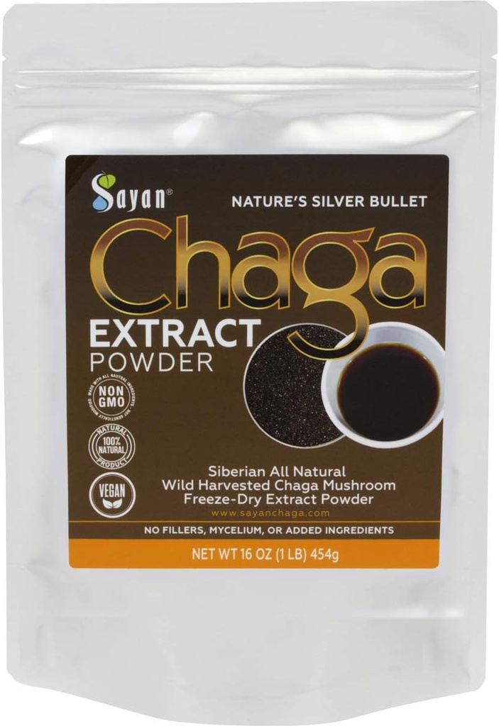 Sayan Chaga Pilzextrakt Pulver (1 Lb) – Freeze Dried Siberian Wild Harvested - Organic Antioxidant Tea for Immune and Digestion Support - Fokus, Energie, Klarheit, Wellness - Keine Zusatzstoffe
