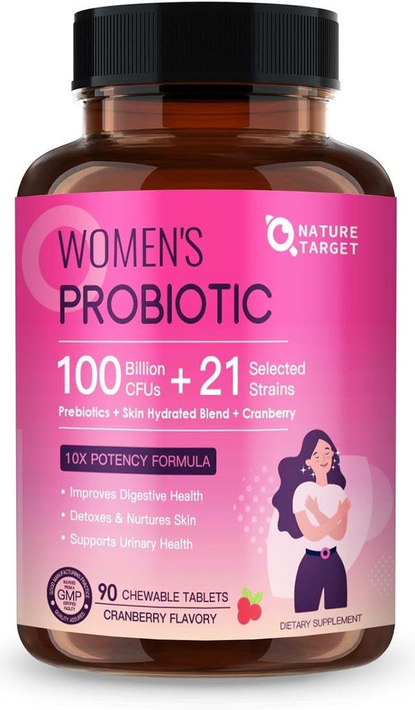 NATURE TARGET Probiotics for Women Digestive Health mit 100 Billion CFUs, Womens Probiotic for Gut Health & Immune Support, Hautpflege, mit Cranberry & D-mannose, 90 Chewable Tablets (45 Day Supply)