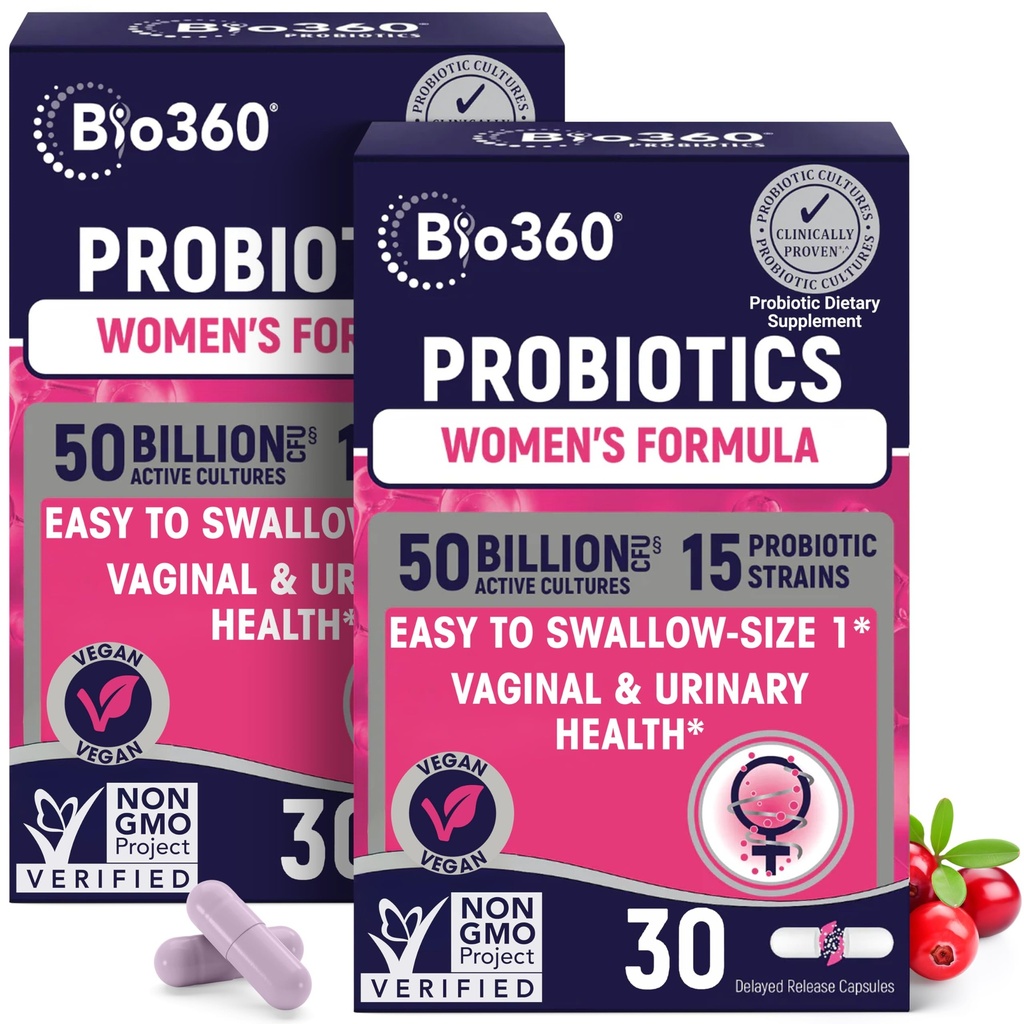 Bio360 Probiotics for Women Vaginigal Health - Unterstützt pH Balance, Vaginal, Urinary, & Digestive Health - 50 Billion CFU & 15 Einzigartige Strains für gesunde Vaginal Odor & Vaginal Flora - Shelf Stable