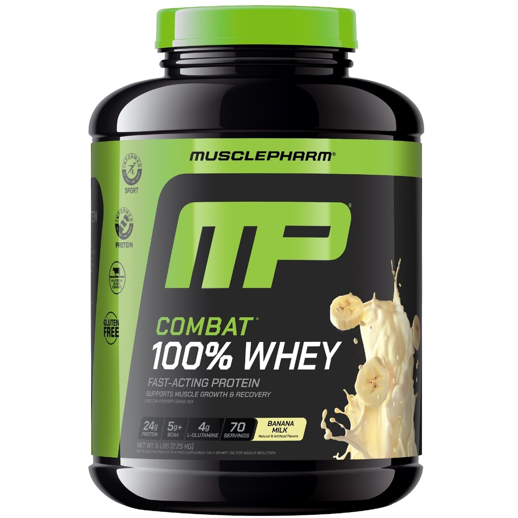MusclePharm Combat 100% Whey Protein Pulver, Banana Milk Flavor, Fast Recovery & Muskel Gewinn mit Whey Protein Isolate, High Protein Pulver für Frauen & Männer, Glutenfrei, 5 lb, 70 Servierungen