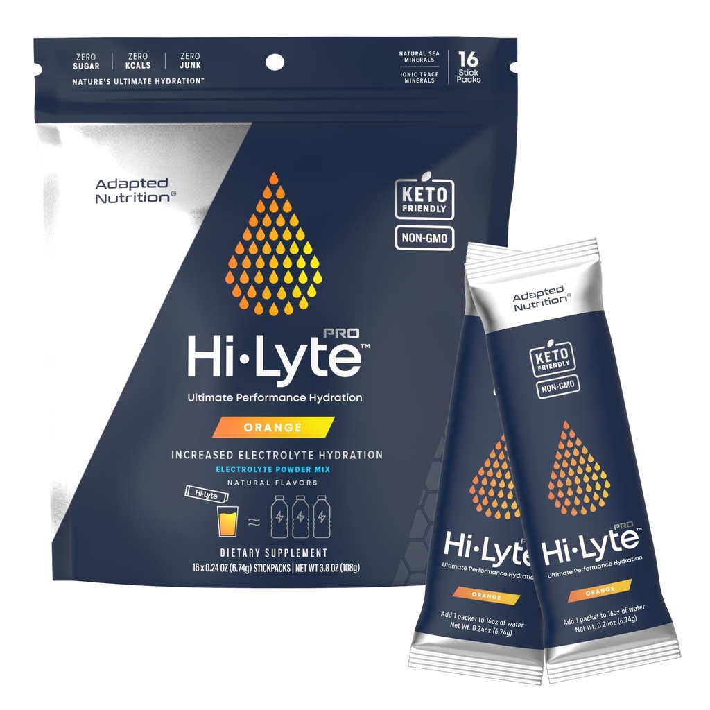 Adapted Nutrition Hi-Lyte Pro Hydration Packets - 16 Einzelgetränke Packets | Orange | Flavored Electrolyte Powder | Sugar-Free, Zero Carb, Zero Calorie