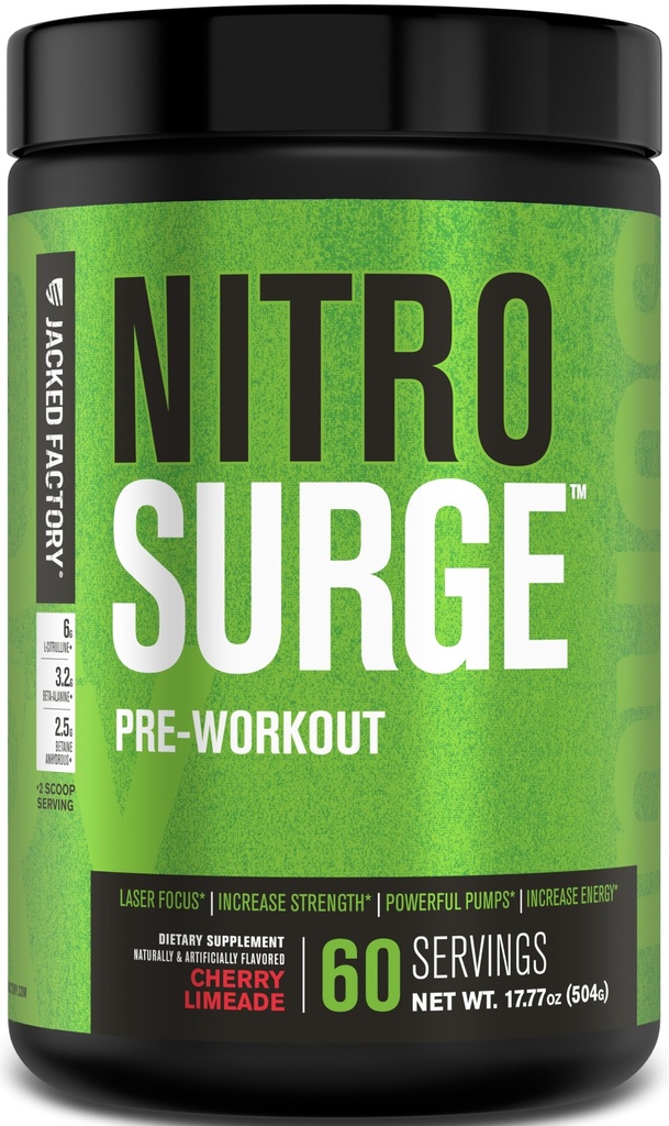 Jacked Factory NITROSURGE Pre Workout Supplement - Endless Energy, Instant Strength Gains, Clear Focus, Intensivpumpen - NO Booster & Powerful Preworkout Energy Powder - 60 Servietten, Kirsch Limeade