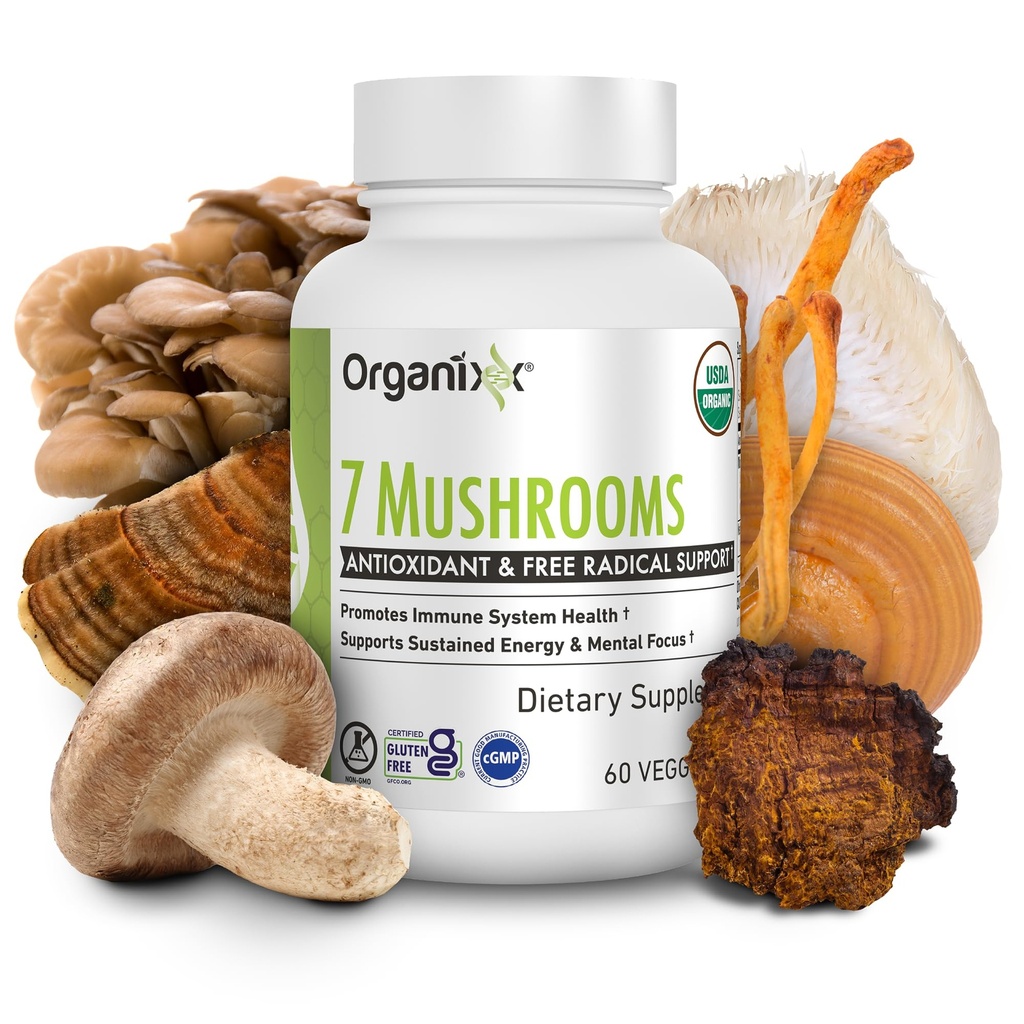 Organixx USDA Organic Mushroom Supplement, 7 Fermented Mushrooms – Lions Mane, Shiitake, Cordyceps, Turkey Tail, Reishi – für Immun- und Verdauungsunterstützung, 60 vegetarische Kapseln