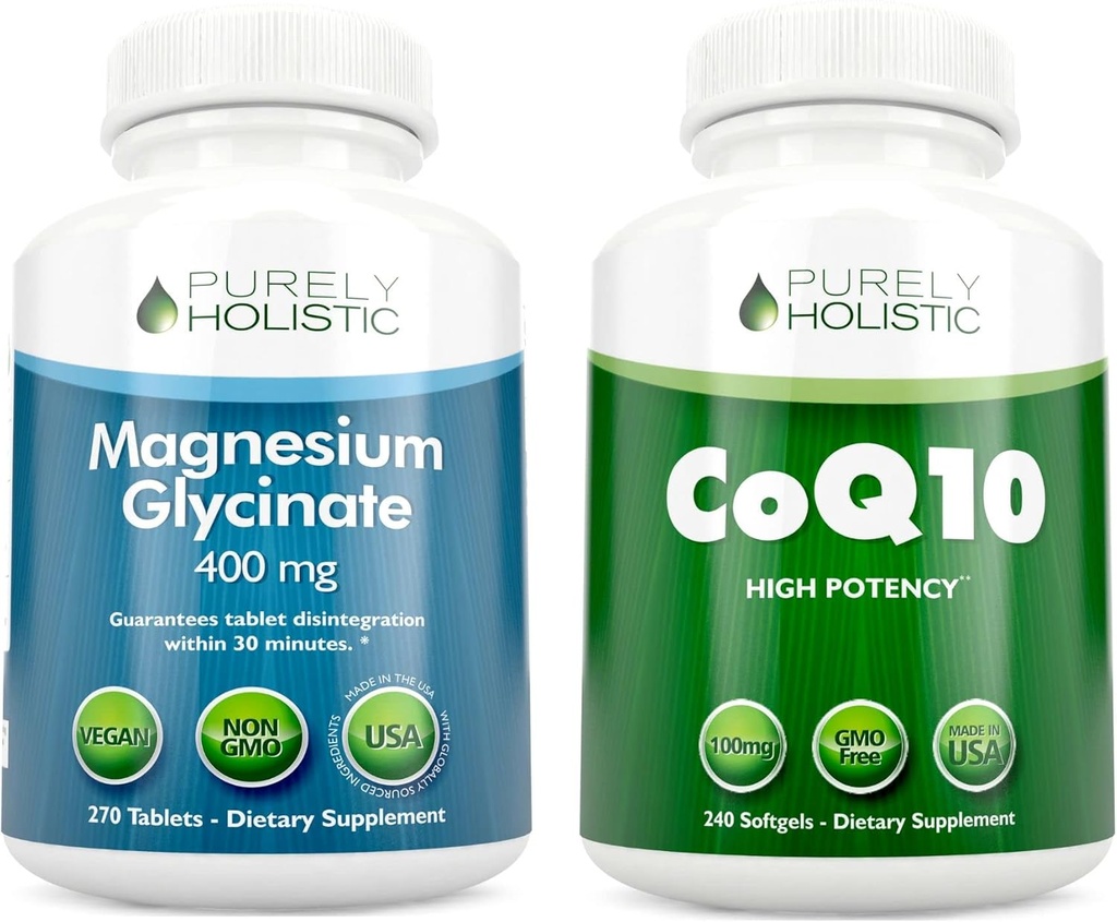 Magnesium Glycinat 400mg + CoQ10 100mg mit Bio Olivenöl Bundle - 270 Tabletten & 240 Softgels