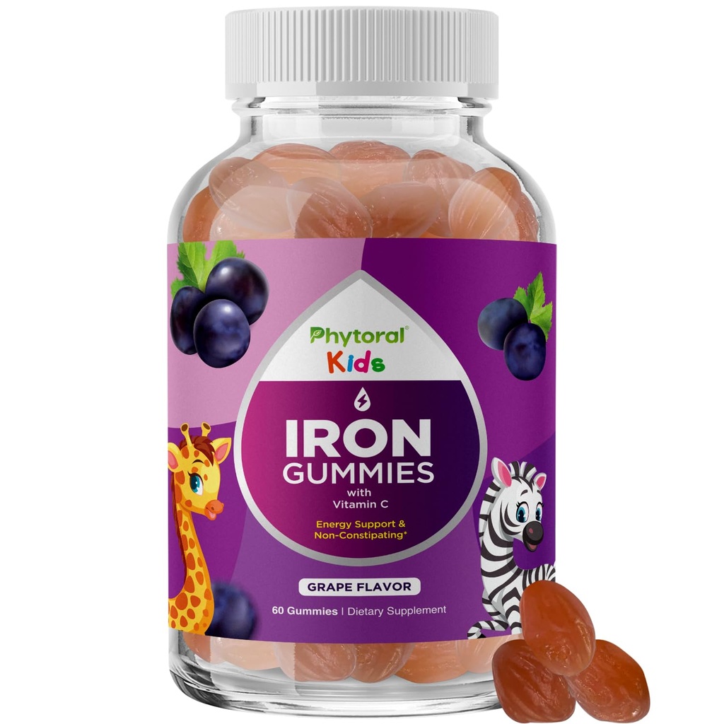 Kinder Eisengummis mit Vitamin C - Blut-Erbauer Eisen Ergänzungen für Kinder mit viel geringerer Immunität & Energie Unterstützung - Vitamin B6, B12, A, Niacin & Folate Gummies - Vegan & GMO - 60 Count