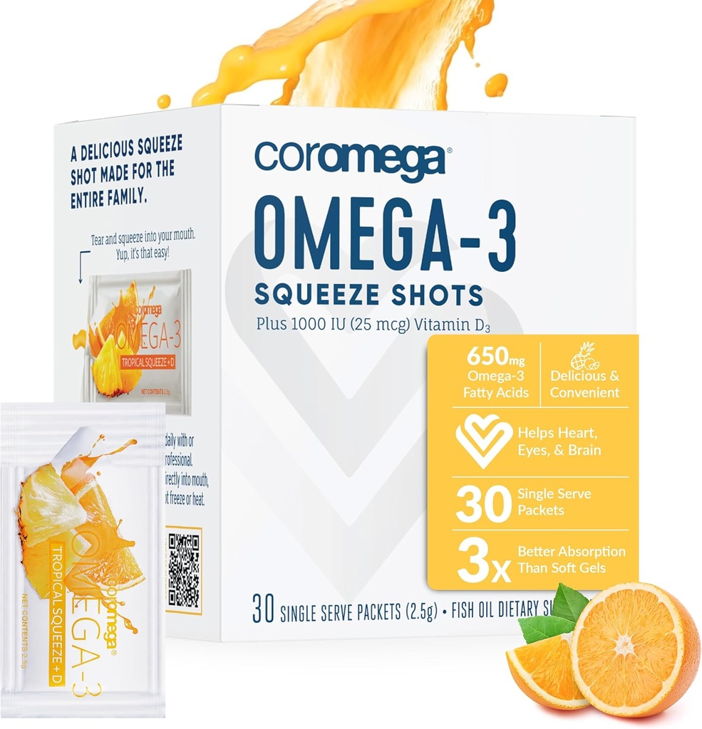 Coromega Omega 3 Fischöl-Ergänzung mit zusätzlichem Vitamin D3, 650mg Omega-3s mit 3X bessere Absorption als Weichgele, Tropical Orange Flavor, 30 Single Serve Squeeze Packets