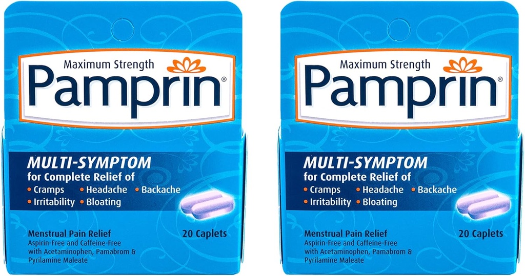 Pamprin Multi-Symptom-Formel, mit Acetaminophen, Menstrual Period Symptoms Relief einschließlich Krämpfe, Schmerzen, Reizbarkeit und Bloating, 20 Caplets (Pack von 2)