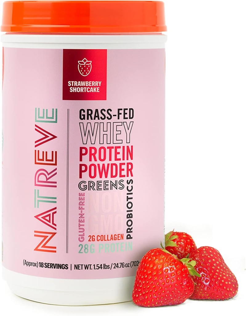Natreve Whey Protein Powder - 28g Grass-Fed Whey Protein mit Aminosäuren, Probiotics & Collagen - Gluten Free Strawberry Shortcake, 18 Portionen