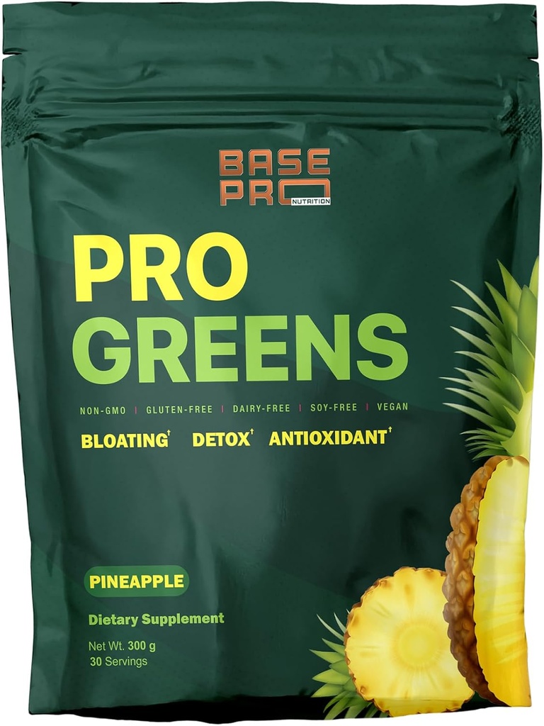 Pro Greens Powder – Ananas Flavor | Vegan Daily Greens Supplement | Detox, Verdauungs- und Immununterstützung | Non-GMO, Antioxidantien | 300g (30 Portionen)